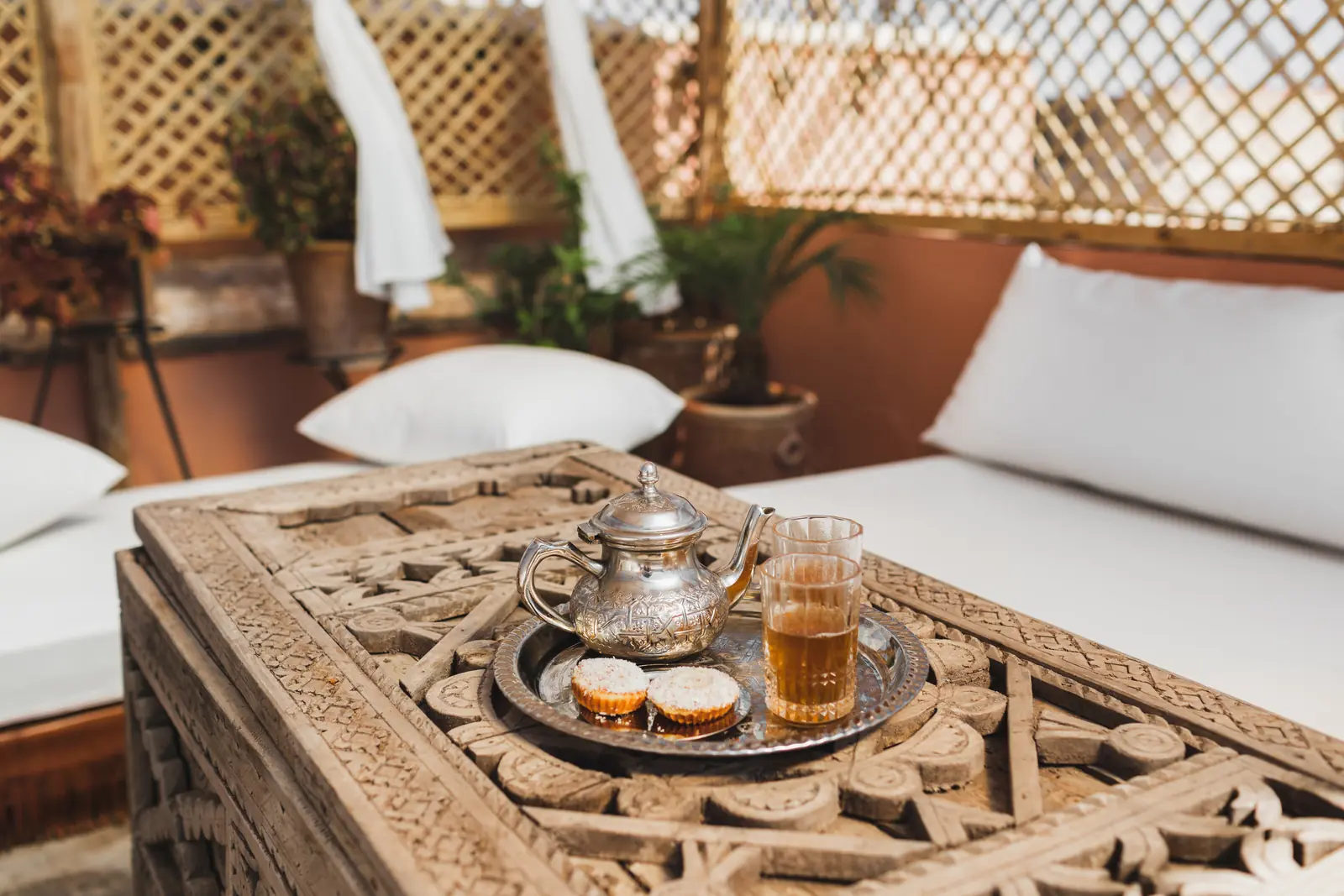 Moroccan mint tea served on a silver tray Moroccan mint tea served on a silver tray