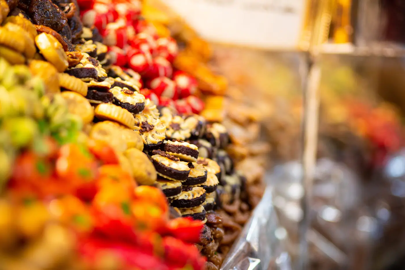 Moroccan pastries and street food on a stall in the Marrakech medina